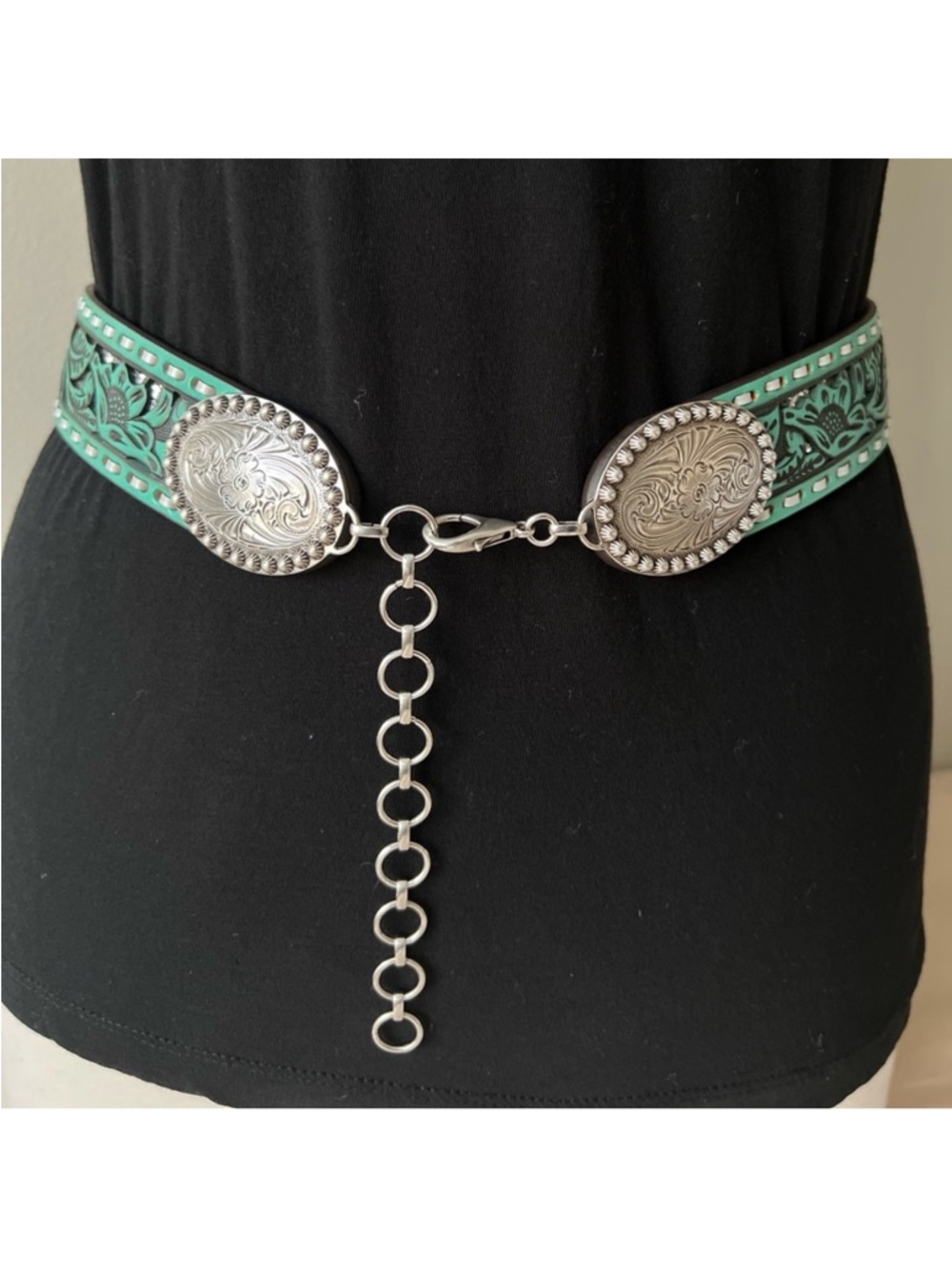 Nocona Turquoise Floral Tooled Leather Belt with Silver Conchos - Picture 7 of 8